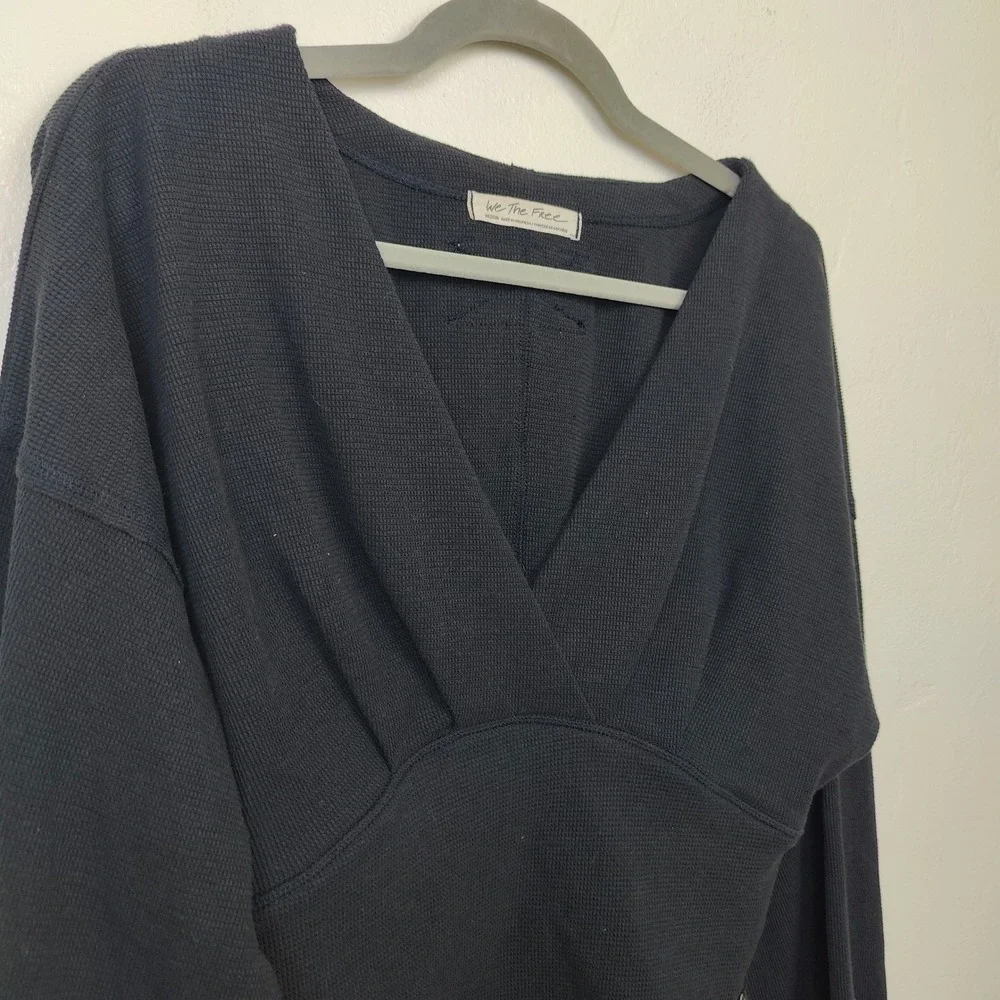 Free People We The Free All Nighter Thermal Top Womens Medium Black Puff Sleeve